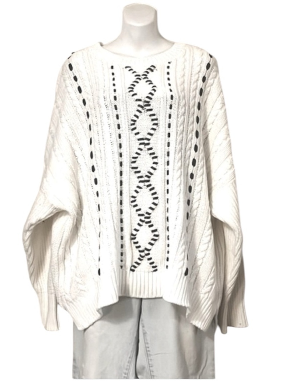 DKNY Long Sleeve Cable-knit Faux Leather Ribbon Embroidered Crewneck Sweater XL